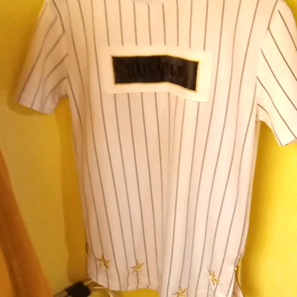 Supply & demand white pinstripe goldstar zipper tea